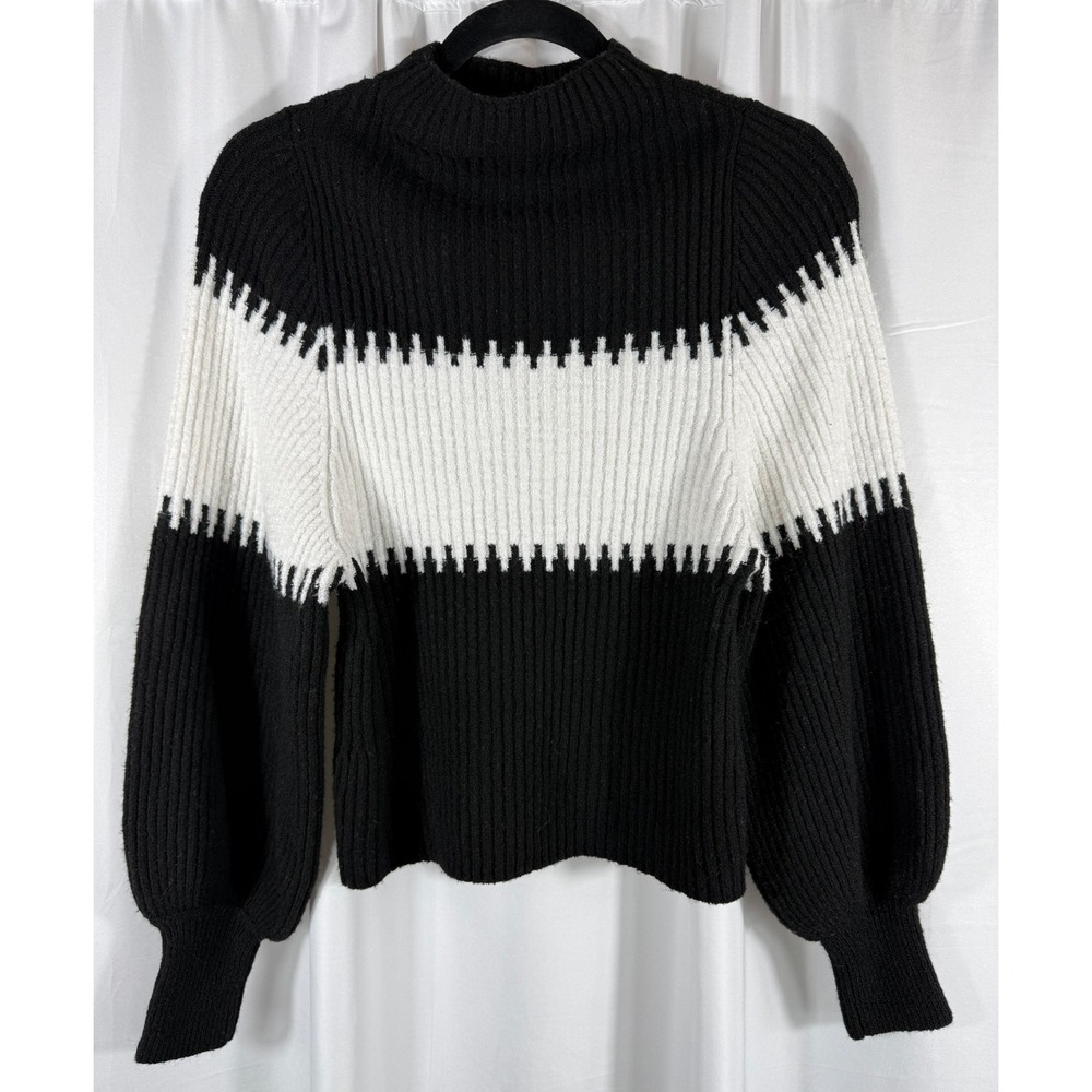 French Connection Black White Striped Mock Neck Sweater Long Balloon Sleeve‎ XS